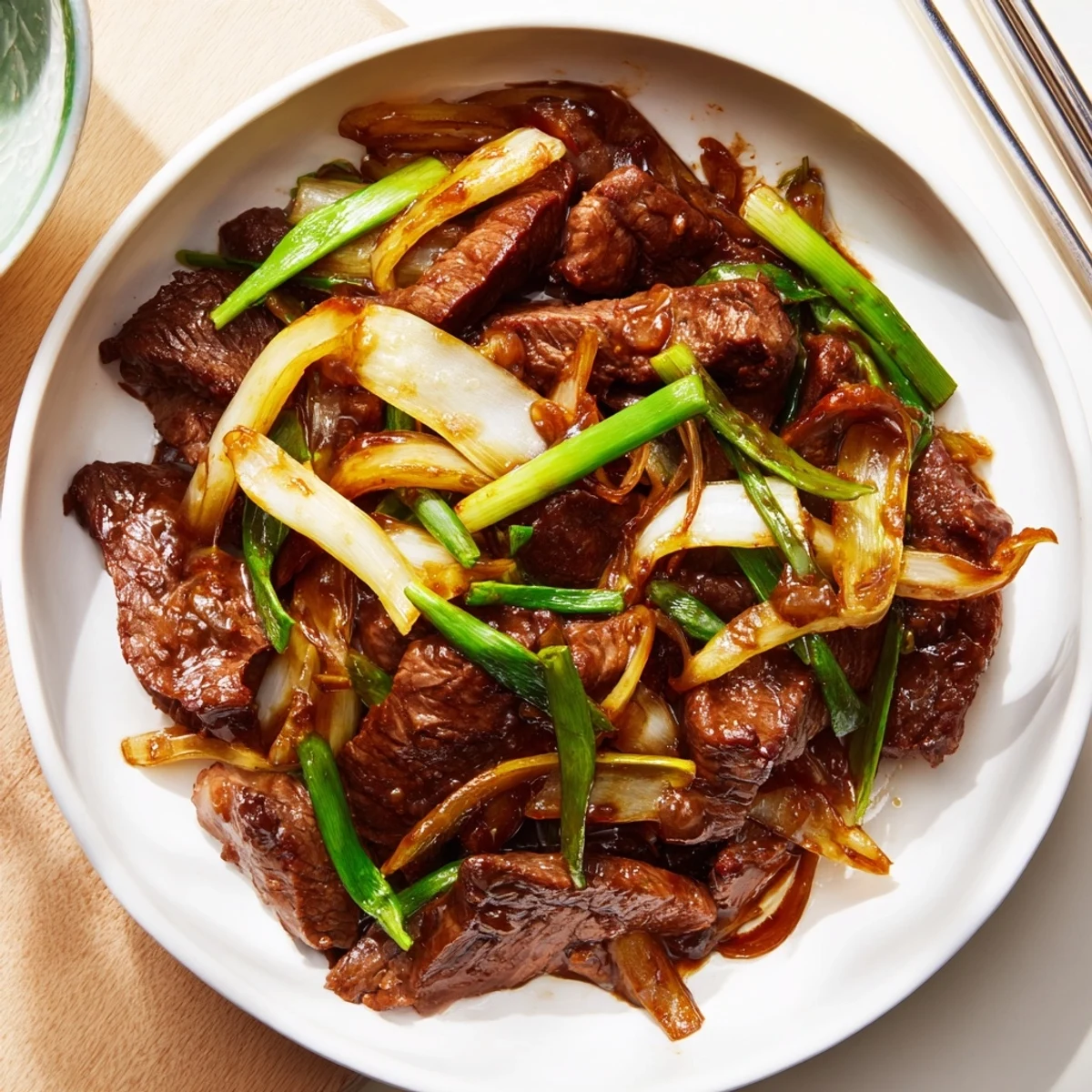 Golden brown crispy beef and onion stir fry served over steamed white rice