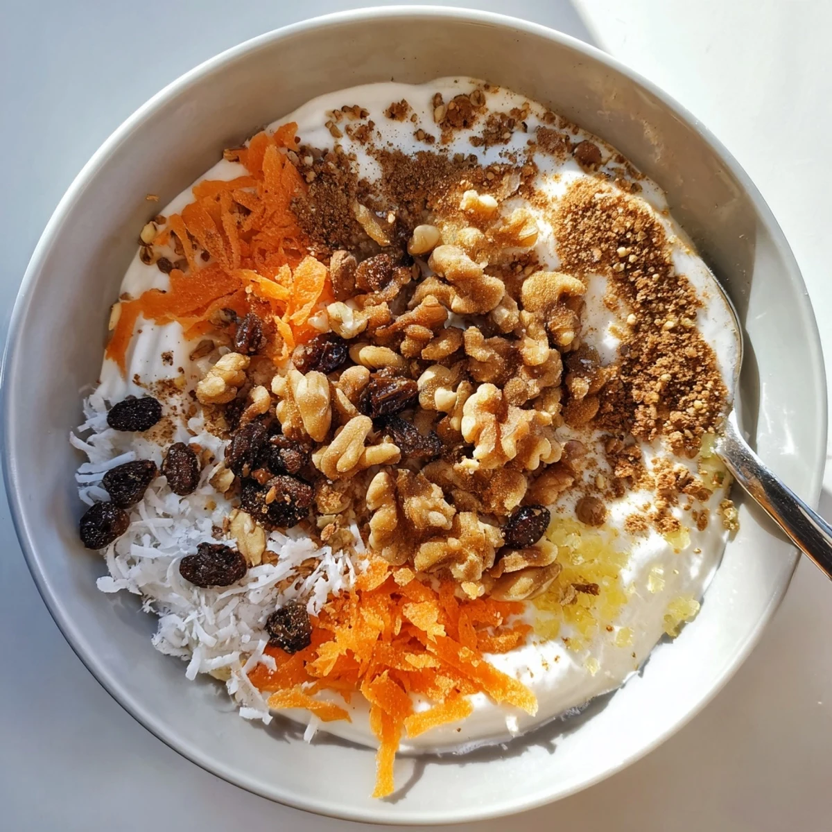 Creamy carrot cake yogurt bowl topped with grated carrots, walnuts, raisins, and warm cinnamon spices.