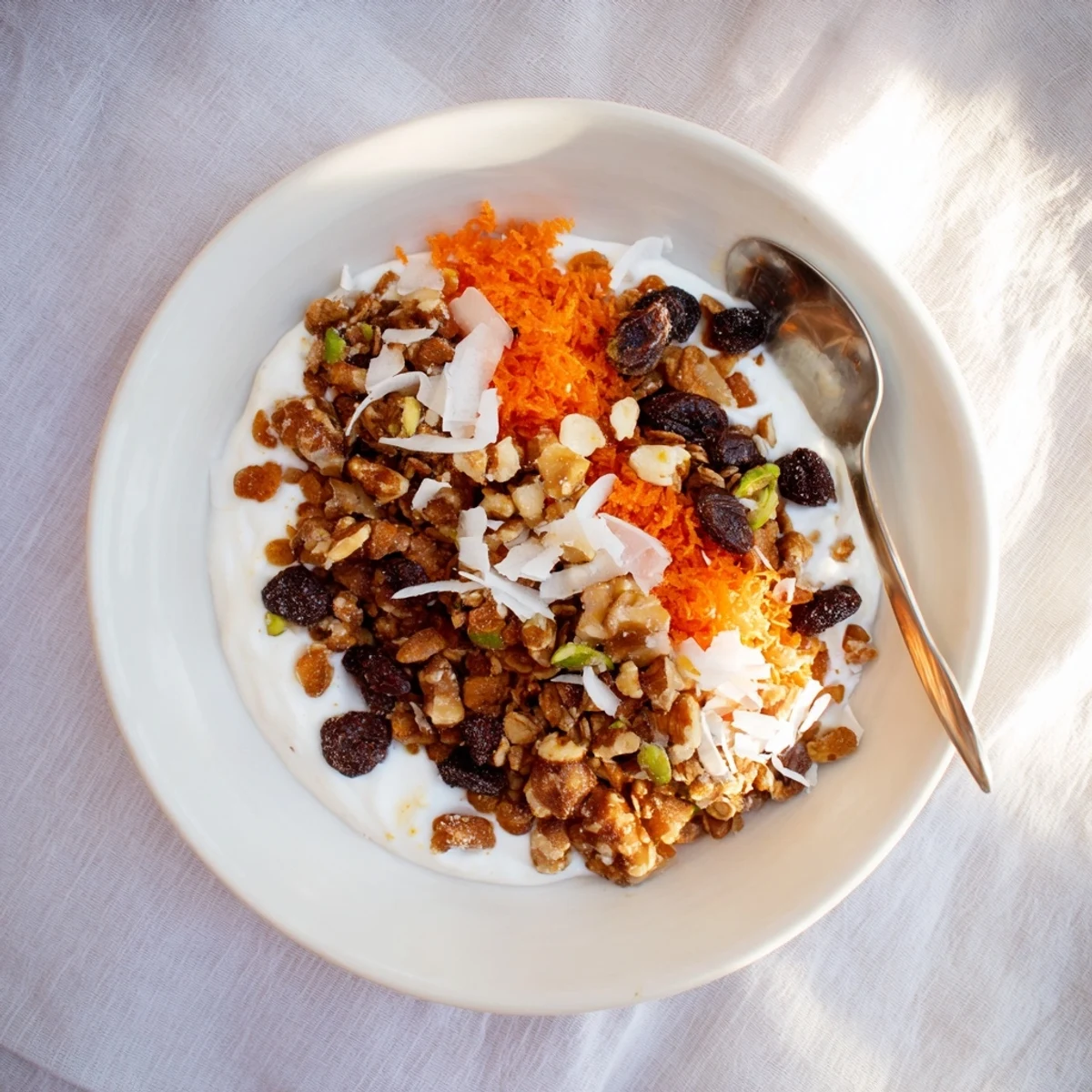 Delicious carrot cake yogurt bowl featuring sweet grated carrots, chopped pecans, and maple syrup drizzle.