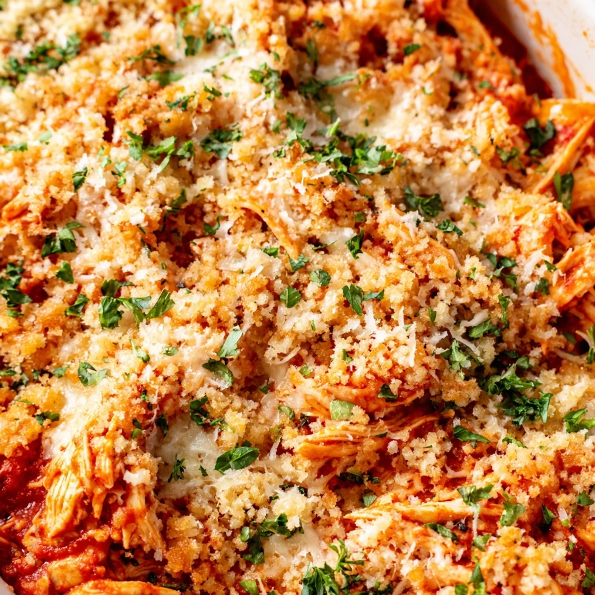 Golden Chicken Parmesan Casserole with bubbling mozzarella and crispy buttered breadcrumb topping