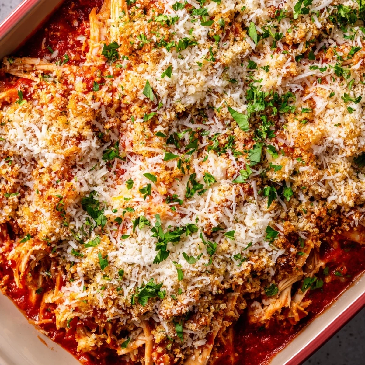 Baked Chicken Parmesan Casserole dish featuring melted cheese layers over rich marinara sauce