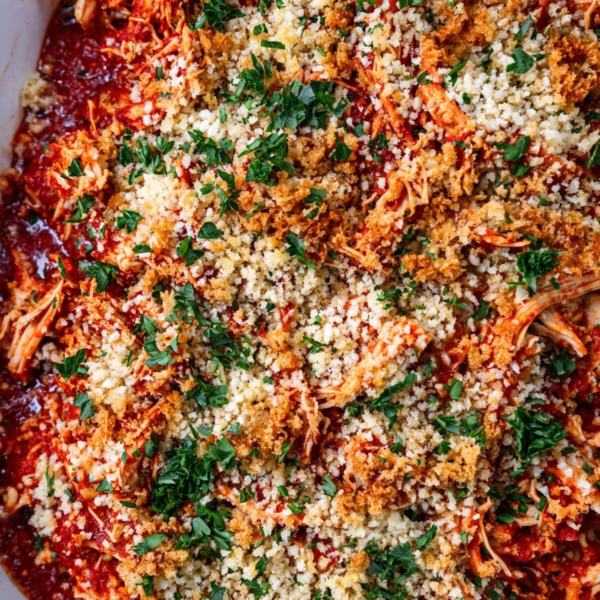 Comforting Chicken Parmesan Casserole fresh from oven with golden brown crumb topping