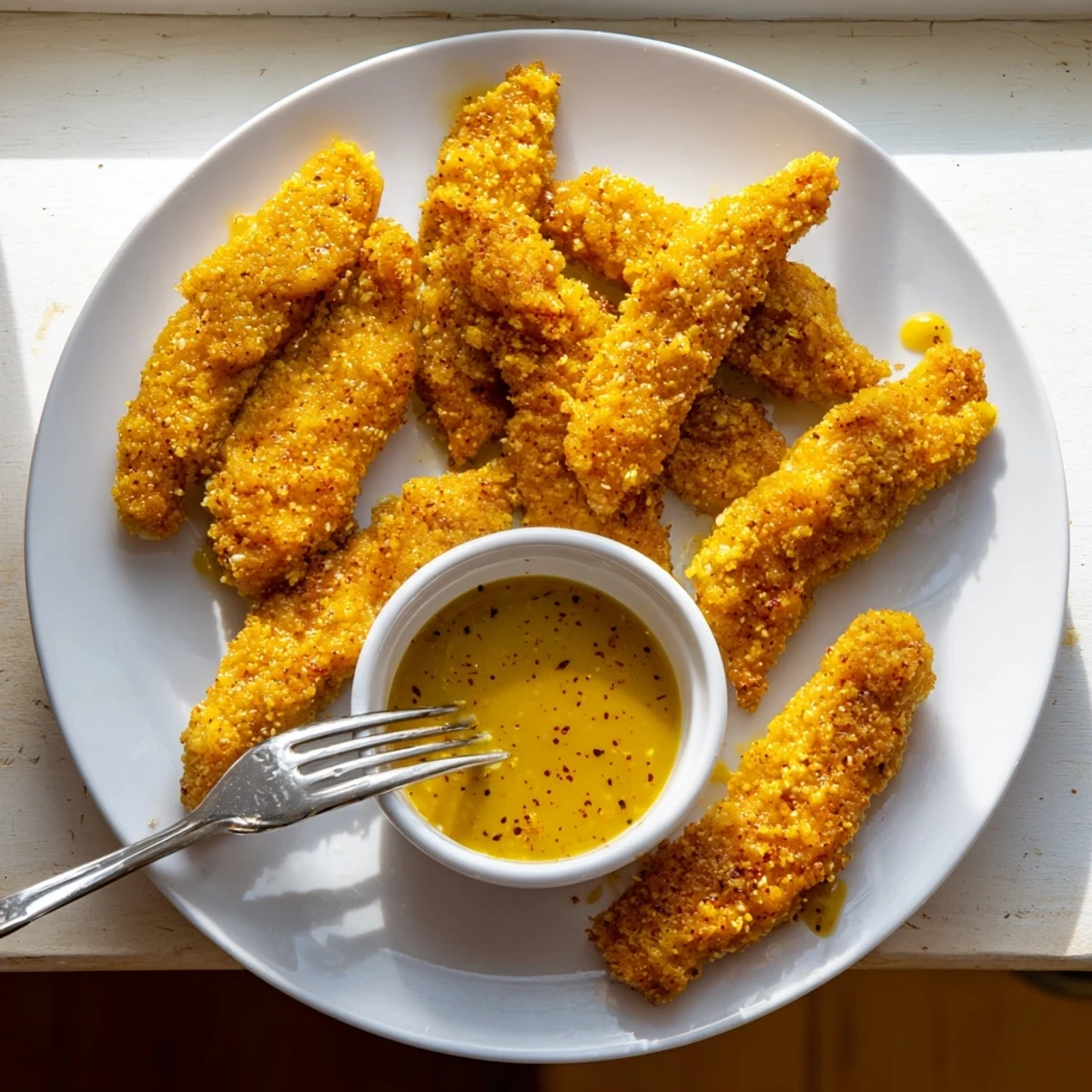 Golden brown honey mustard chicken tenders with crispy breaded coating and dipping sauce