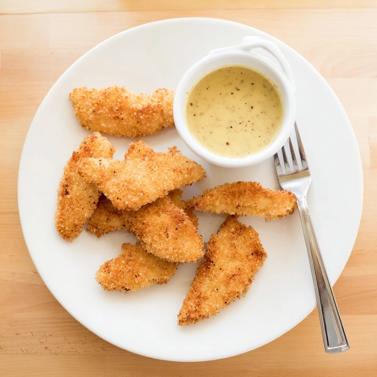 Fried honey mustard chicken tenders served with tangy honey mustard sauce for dipping