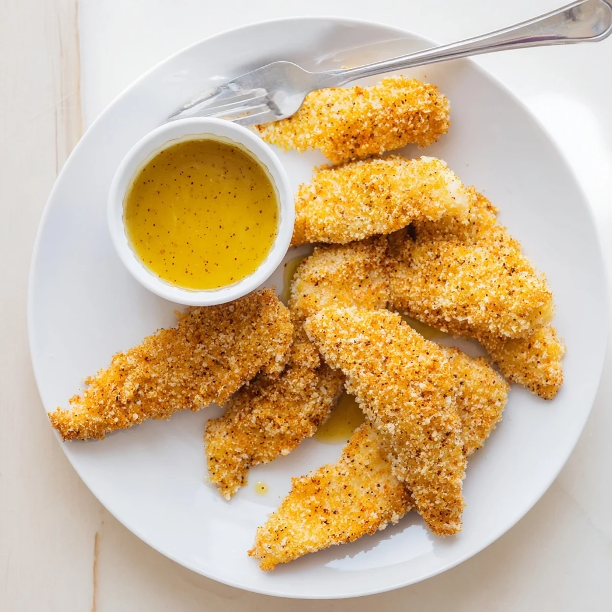 Baked honey mustard chicken tenders arranged on white plate with honey mustard drizzle