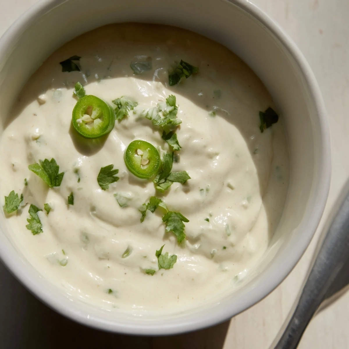 Creamy Mexican white sauce drizzled over crispy tacos with fresh cilantro garnish