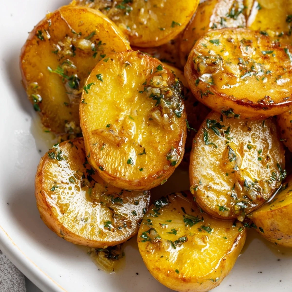 Golden brown savory garlic herb roasted radishes arranged on a white serving platter with fresh parsley garnish