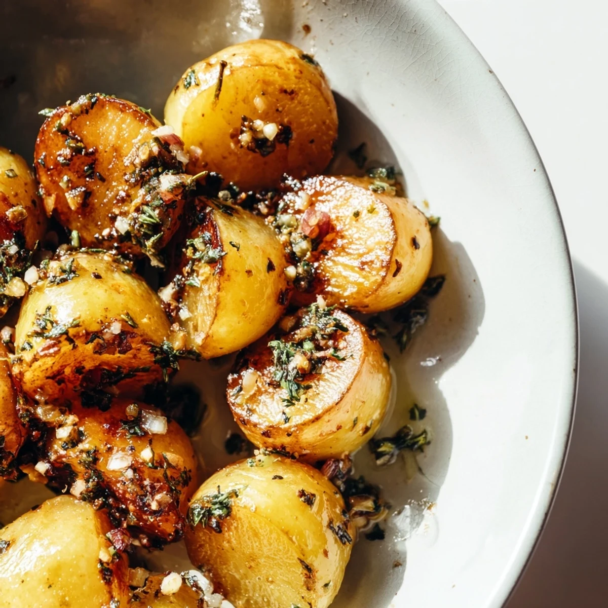 Tender halved radishes roasted to perfection with garlic and herbs on a parchment-lined baking sheet