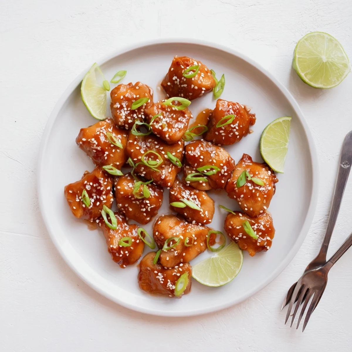 Juicy chicken thighs coated in glossy honey sriracha glaze with sesame seed garnish