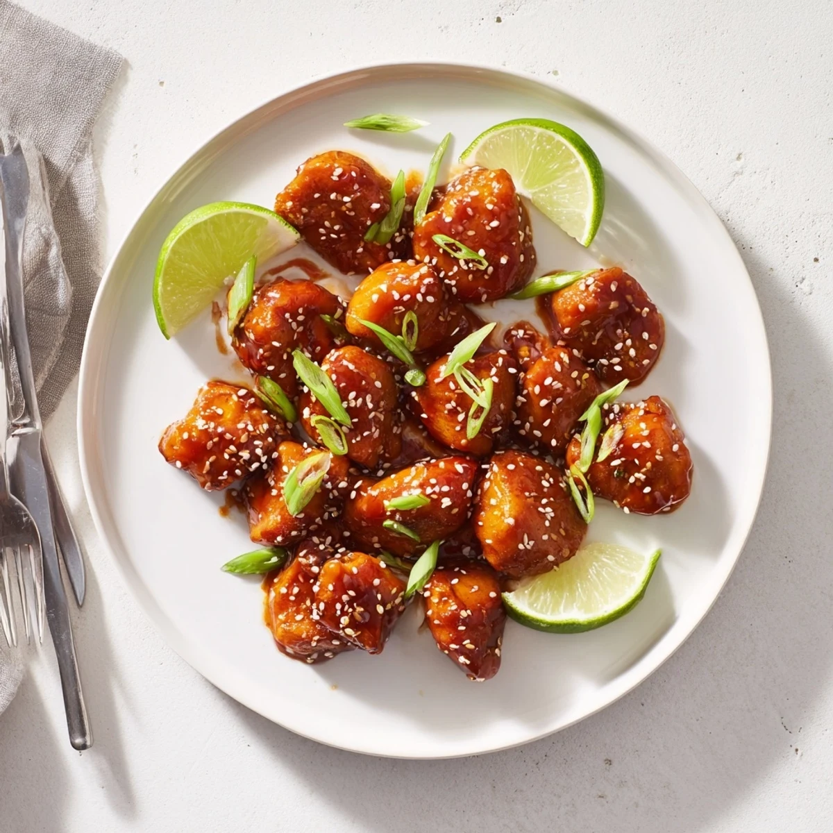 Golden brown spicy honey sriracha chicken pieces glazed in sticky sweet red sauce