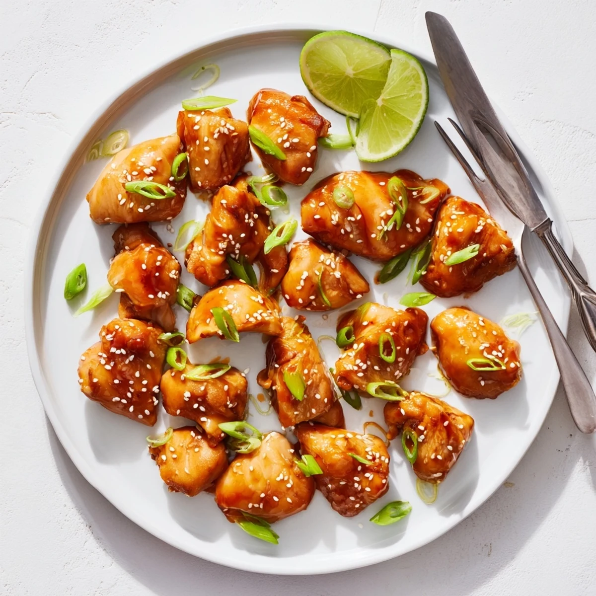 Asian fusion spicy honey sriracha chicken served over rice with fresh green onions