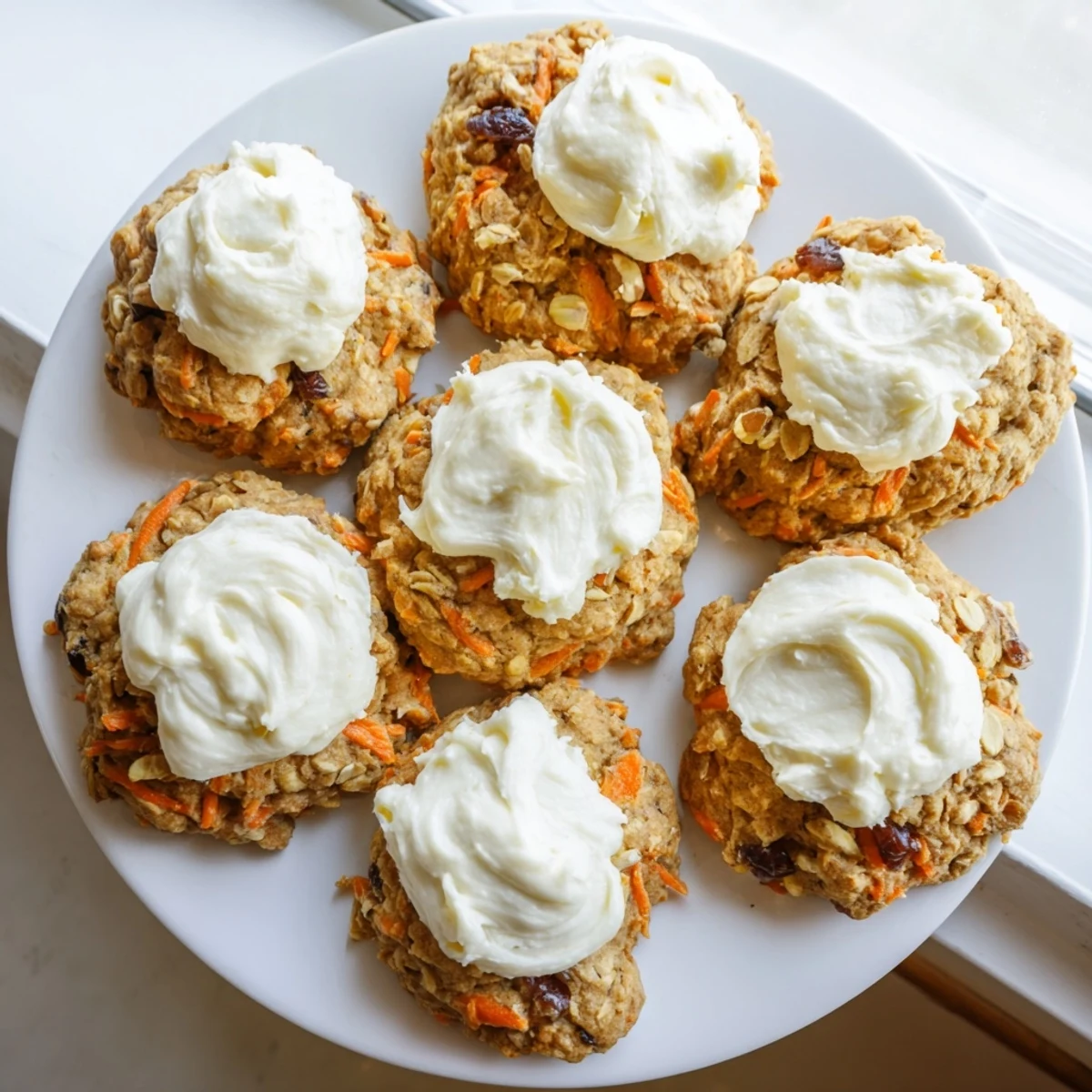 Soft spiced carrot cake cookies studded with grated carrots, oats, and sweet raisins on a wooden board