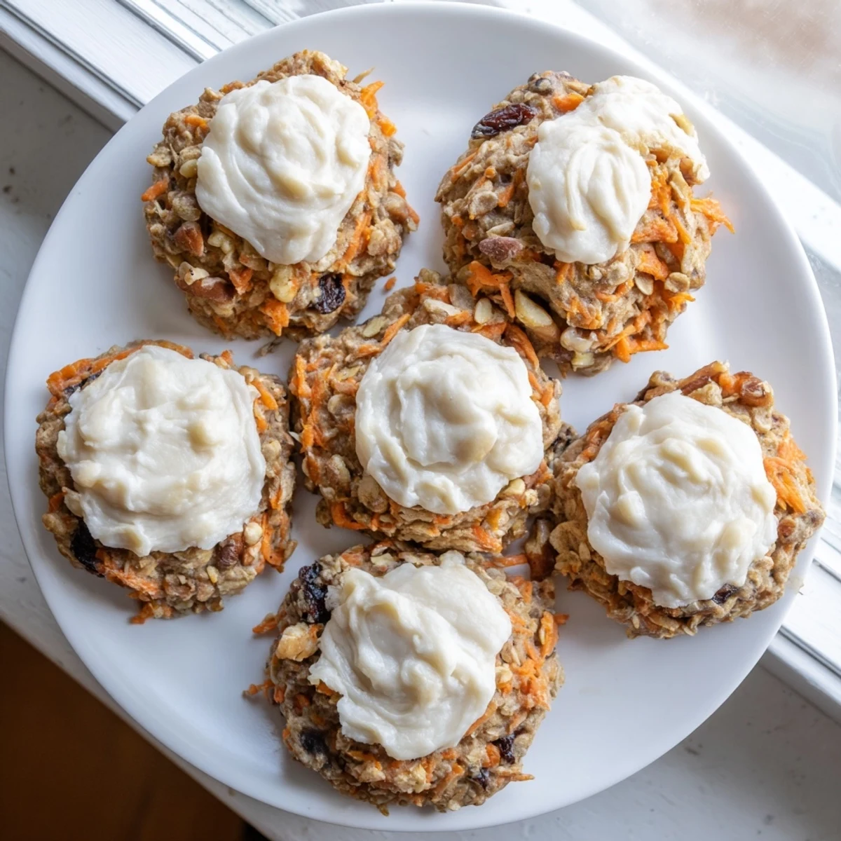Golden brown carrot cake cookies topped with creamy white frosting and sprinkled with chopped walnuts