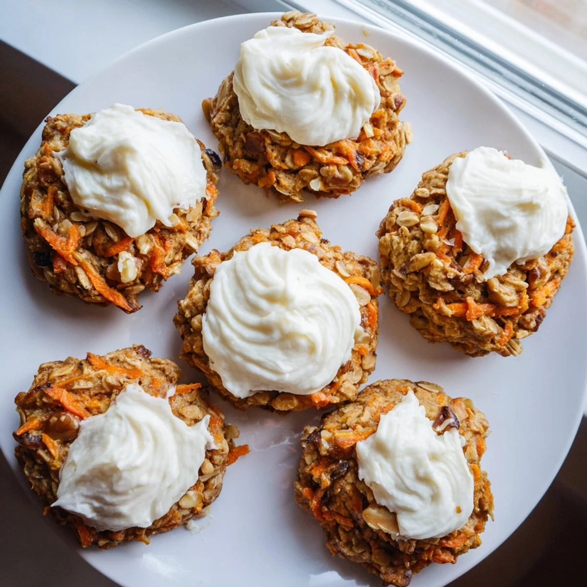 Bite-sized carrot cake cookies with cream cheese frosting alongside fresh carrots and cinnamon sticks