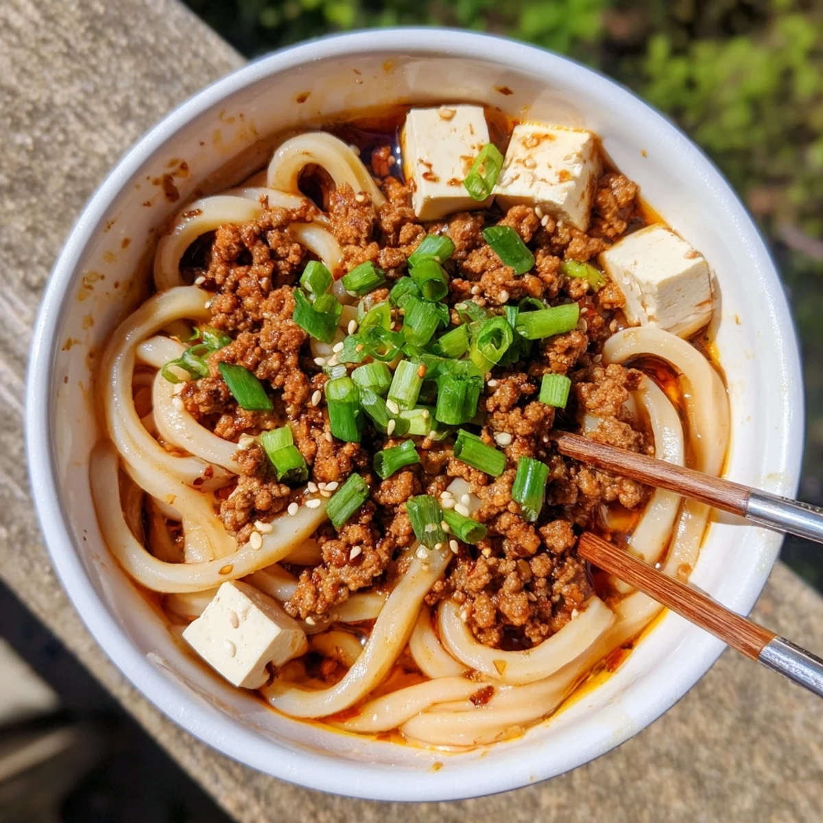 Rustic Mapo Tofu Udon featuring silken tofu cubes in rich chili oil broth
