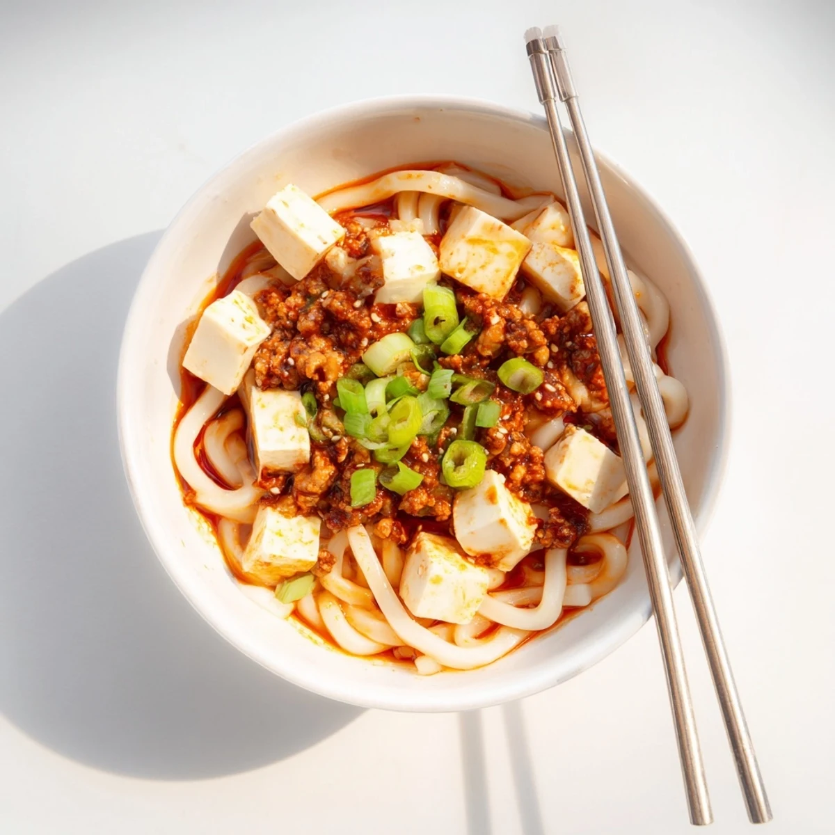 Plate of Mapo Tofu Udon garnished with green onions and toasted sesame seeds