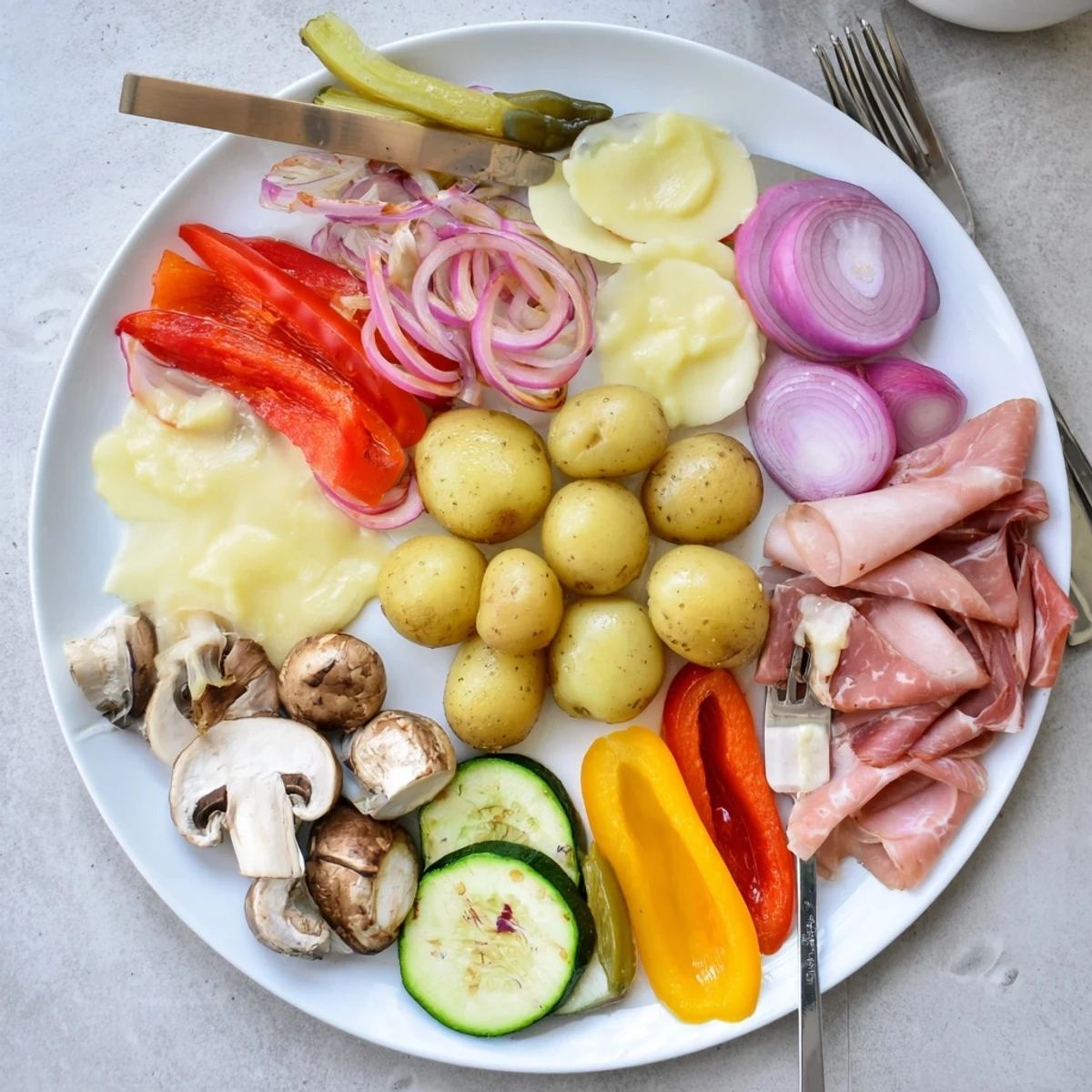 Golden melted raclette cheese bubbling over warm boiled potatoes with pickled vegetables on a wooden platter