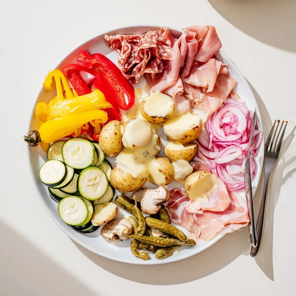 Interactive raclette dinner spread featuring grilled vegetables, cornichons, and melted Swiss cheese for a cozy gathering