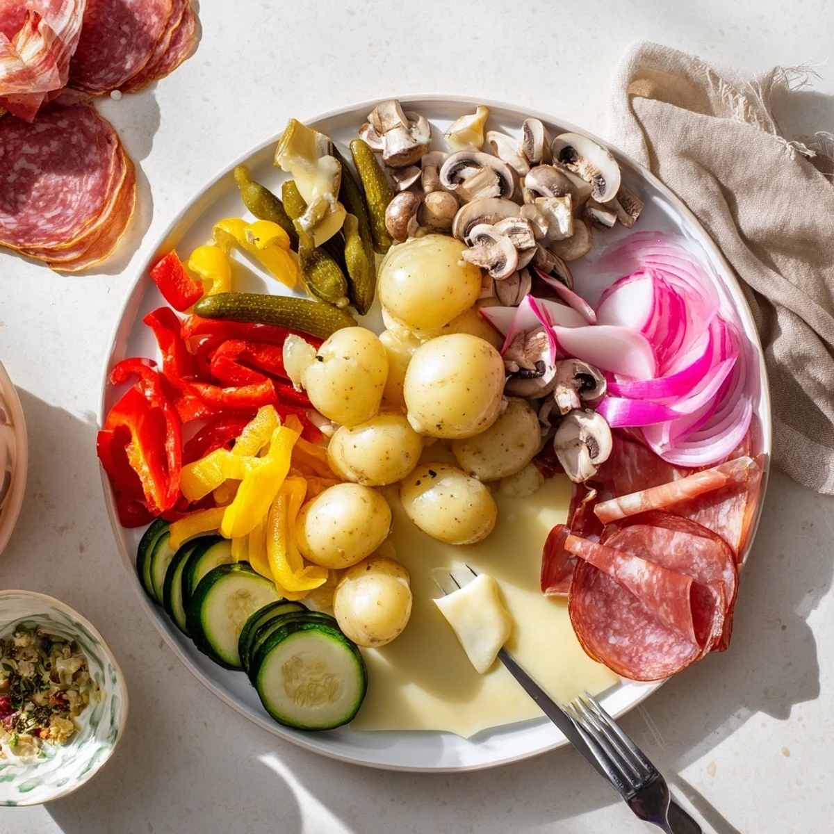 Raclette dinner feast with bubbling cheese pans, roasted peppers, and tender potatoes served at the table