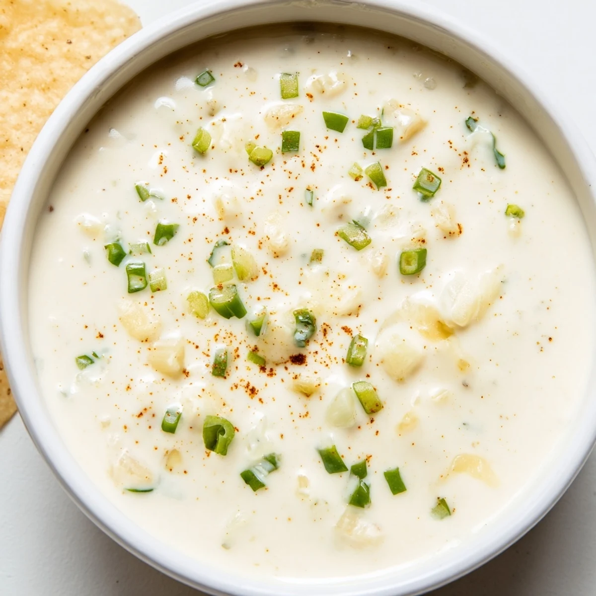 Creamy white queso dip bubbling in a saucepan, served with crispy tortilla chips for party dipping
