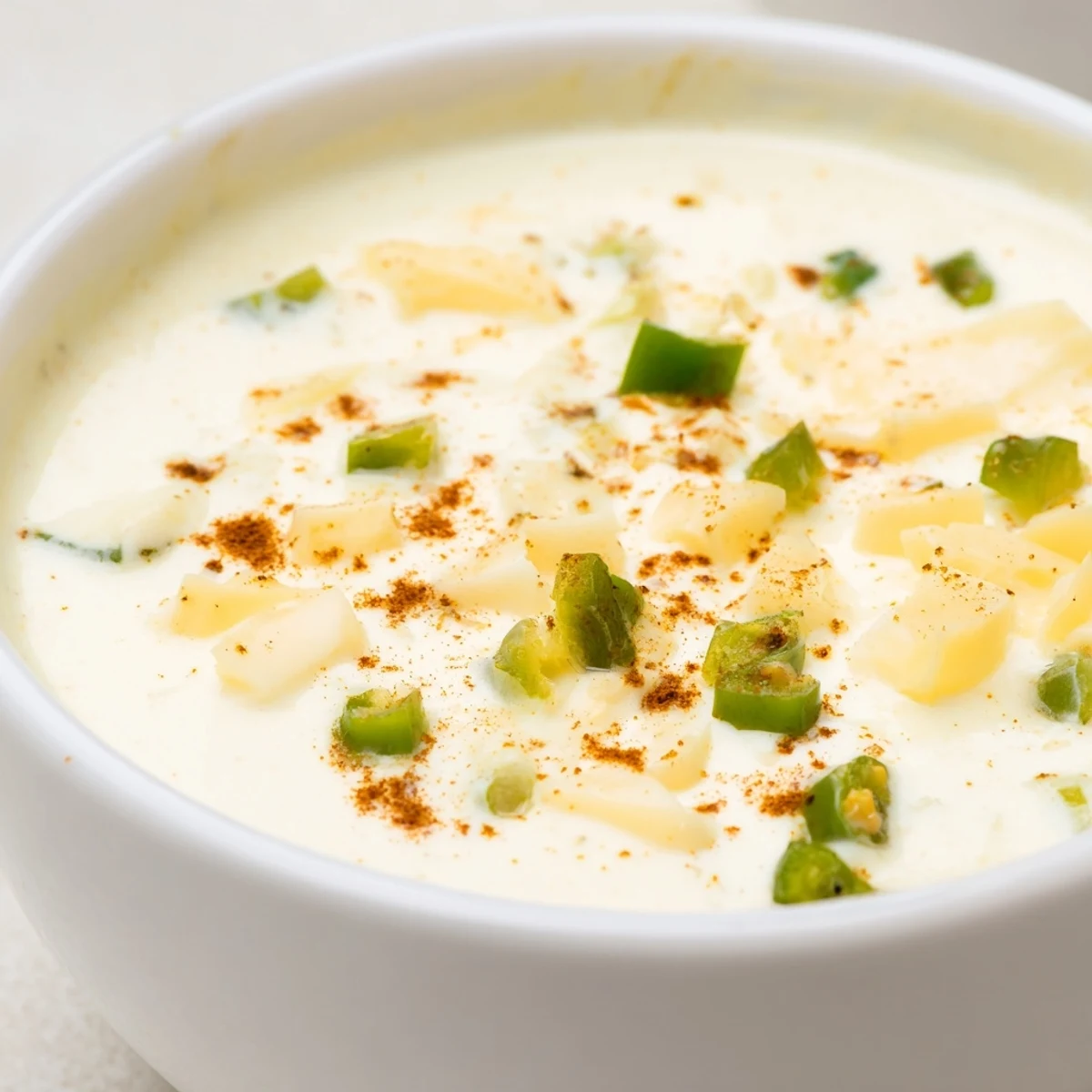 Warm white queso dip drizzled over nachos, showcasing its velvety texture and golden color