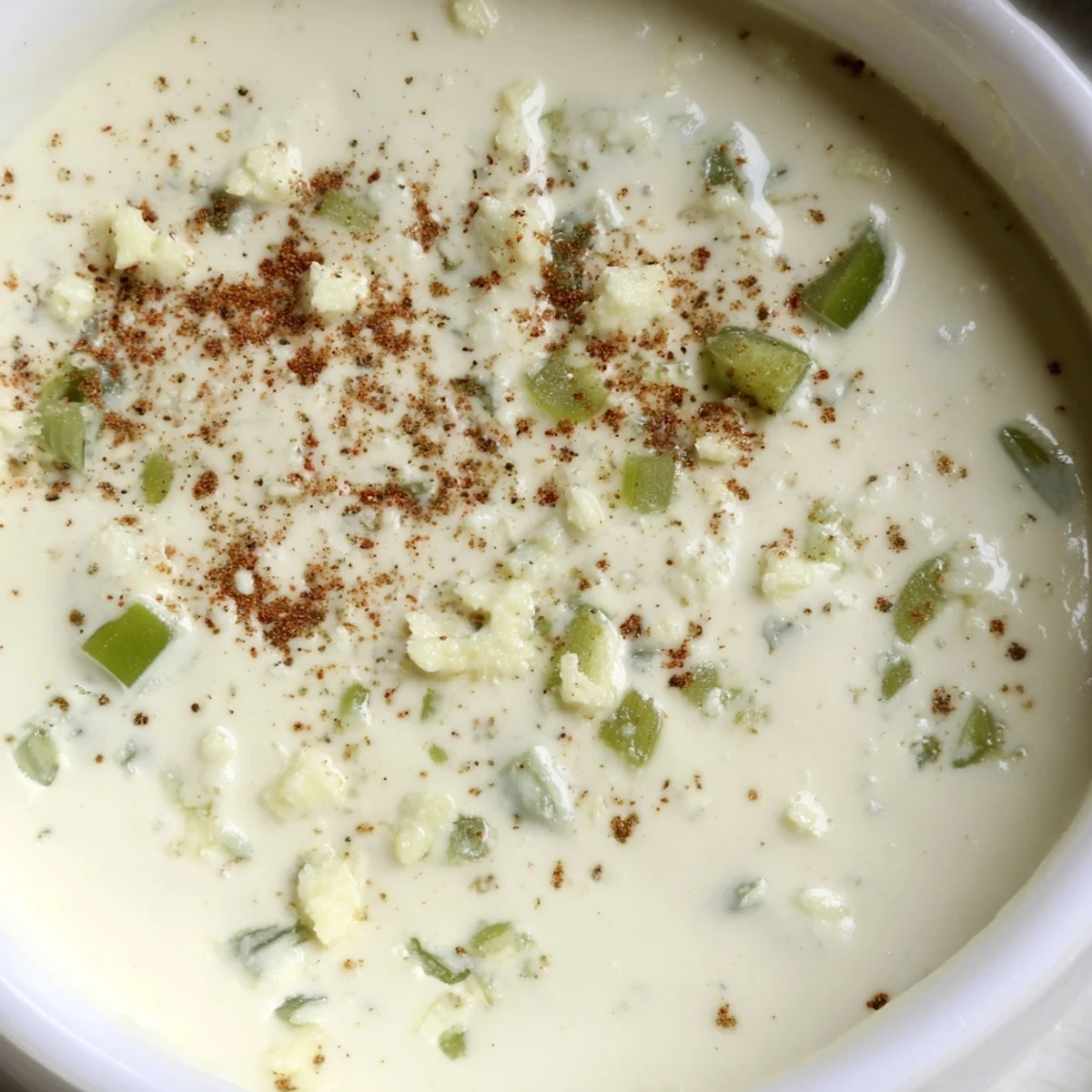 White queso dip features smooth melted American cheese with diced green chilies and jalapeños