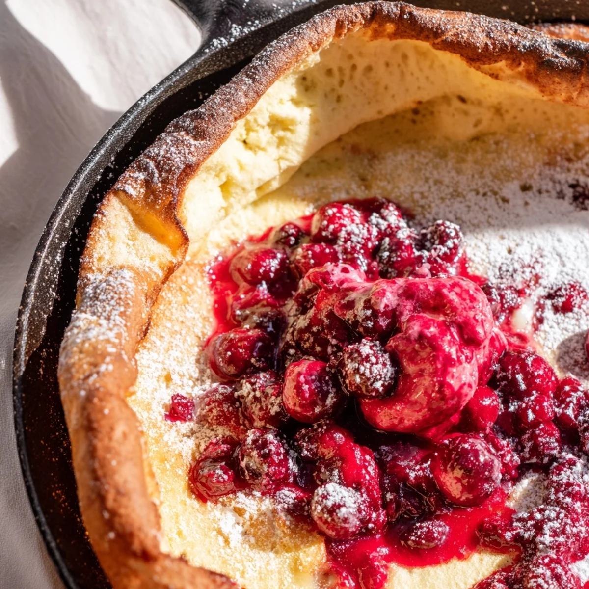 Fluffy oven-baked Dutch baby with cranberry compote served warm for brunch or dessert