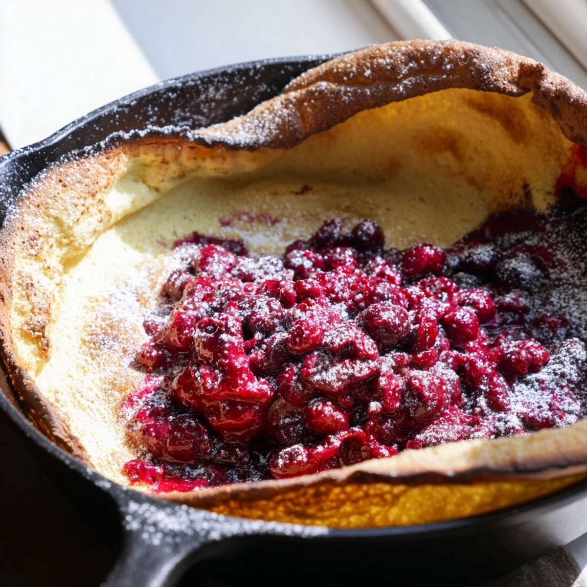 Golden puffed Dutch baby pancake topped with bright red cranberry compote and powdered sugar