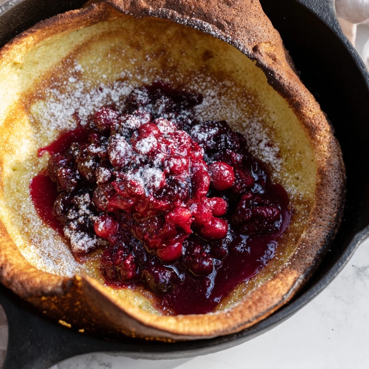 Crispy-edged Dutch baby pancake drizzled with tangy cranberry sauce and dusted with sugar