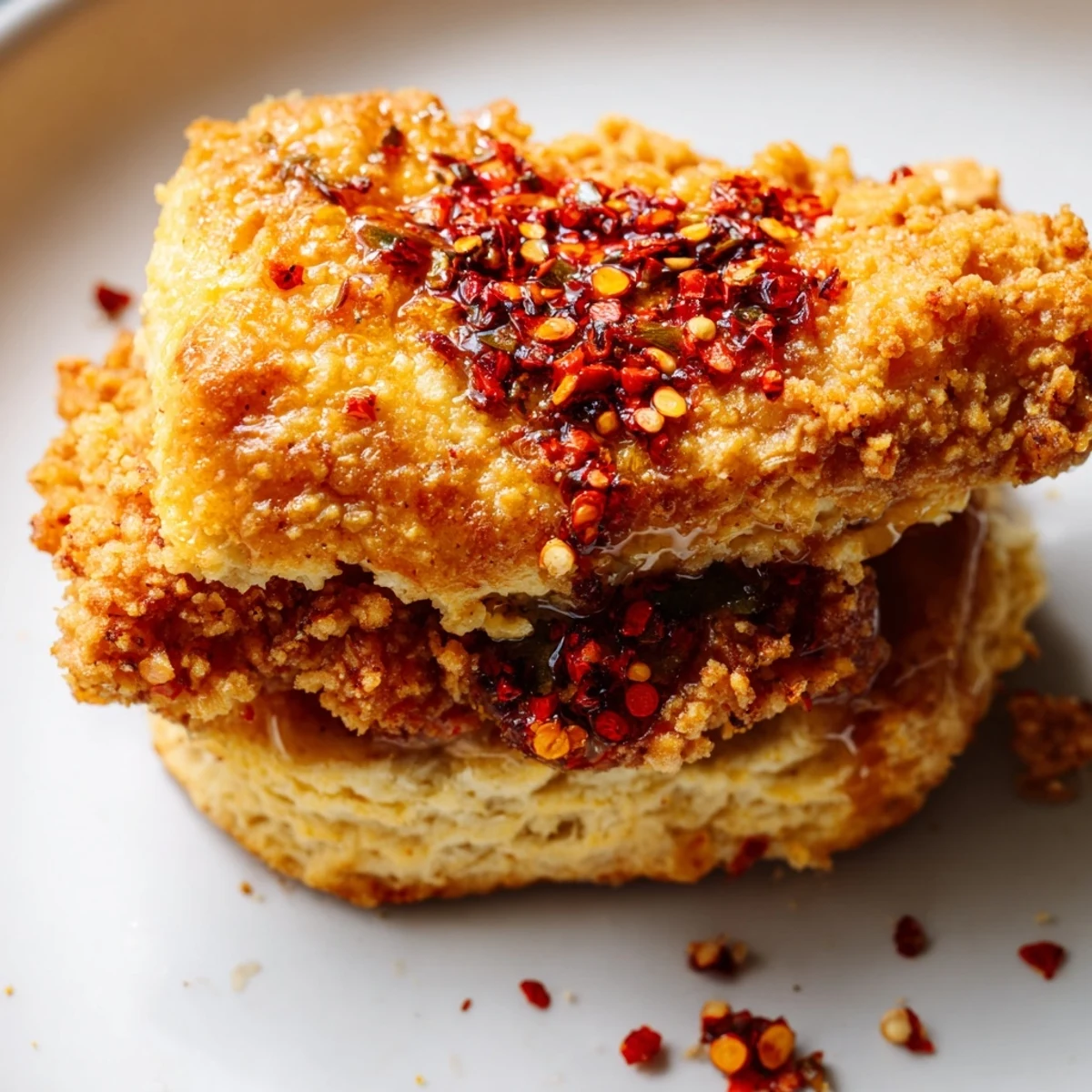 Split biscuit filled with golden fried chicken and sticky sweet hot honey glaze on plate