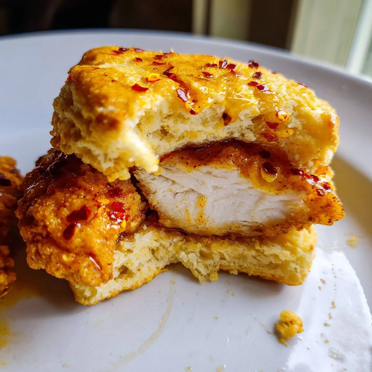 Golden brown butterm biscuit sandwich stacked with crispy fried chicken drizzled in spicy honey
