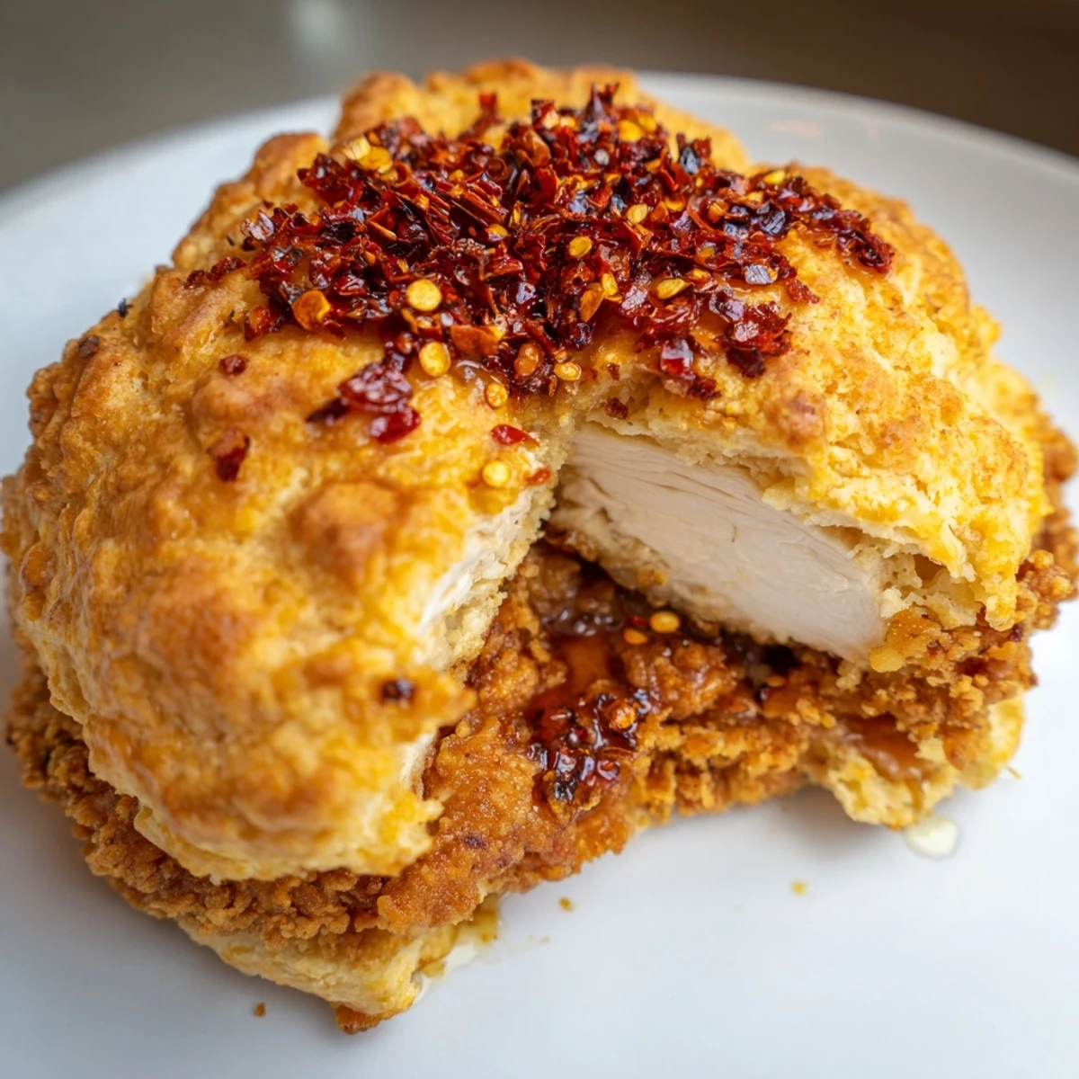 Southern style chicken biscuit with crunchy fried meat and honey spice dripping down sides