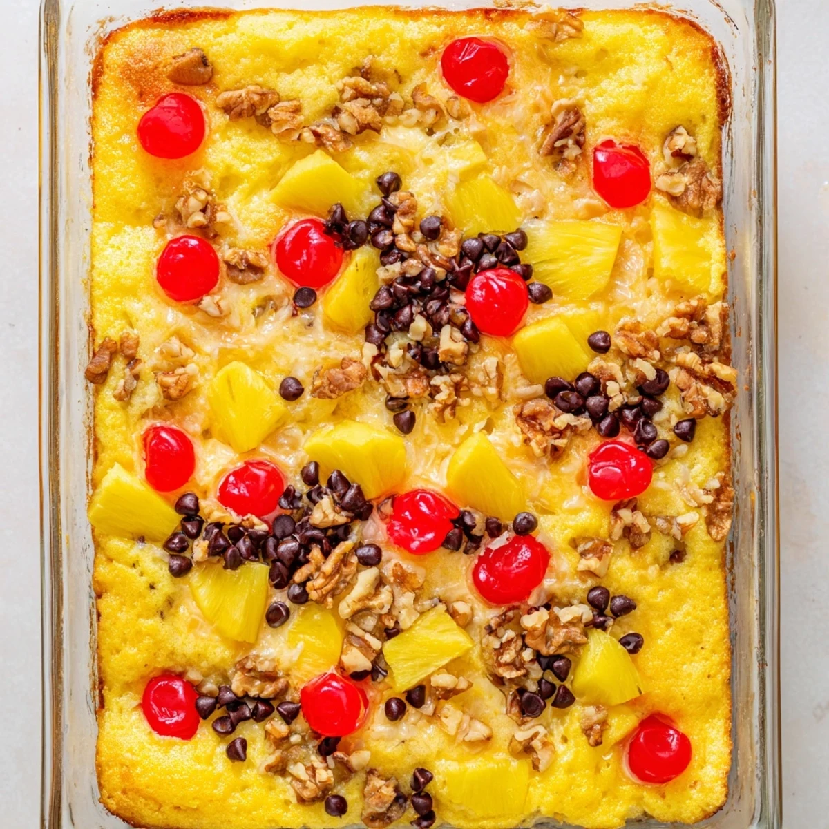 Golden banana split dump cake topped with whipped cream, chocolate syrup, and maraschino cherry