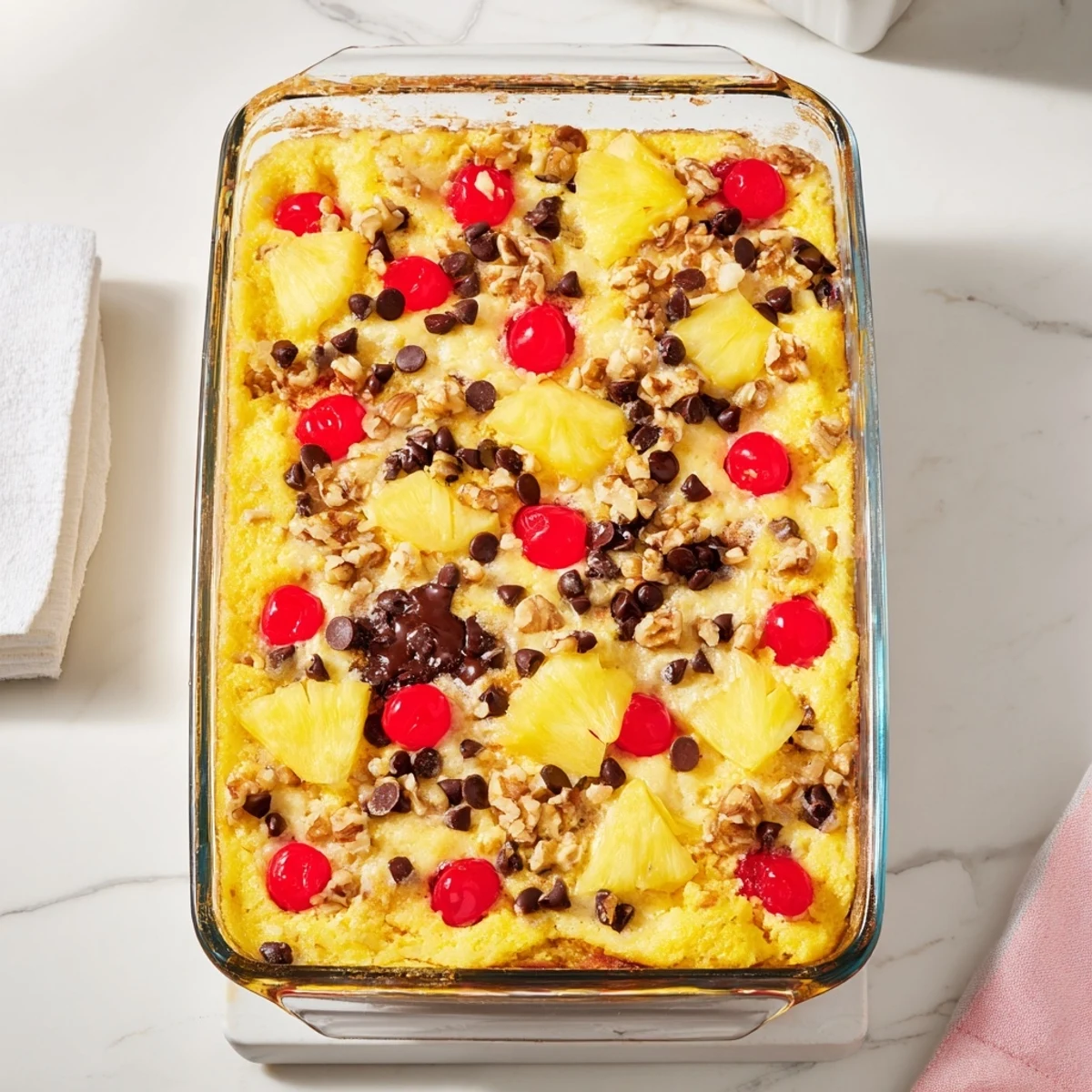 Baked banana split dump cake with bubbling pineapple, chocolate chips, and buttery yellow cake crumbs