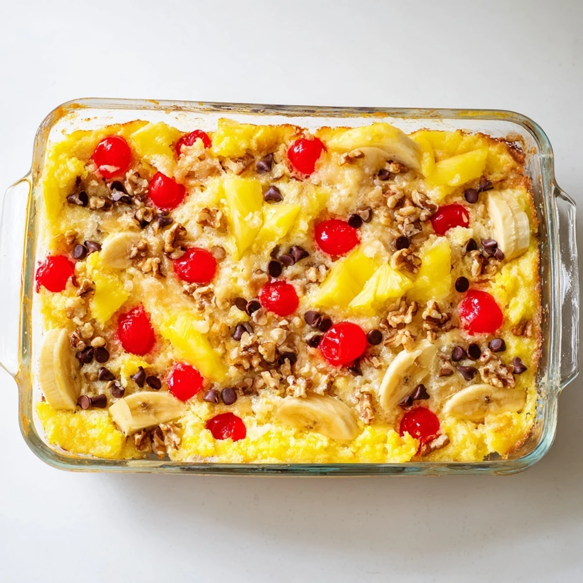 Warm banana split dump cake served in a square dish with ice cream and nut garnish