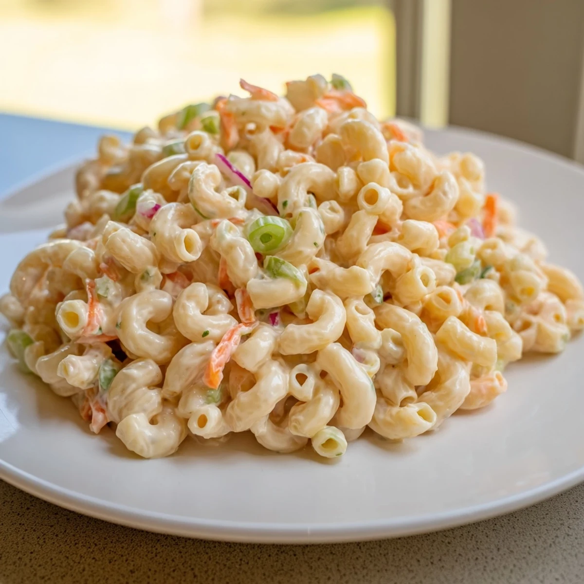 Creamy Hawaiian style mac salad loaded with tender elbow macaroni and finely grated colorful vegetables