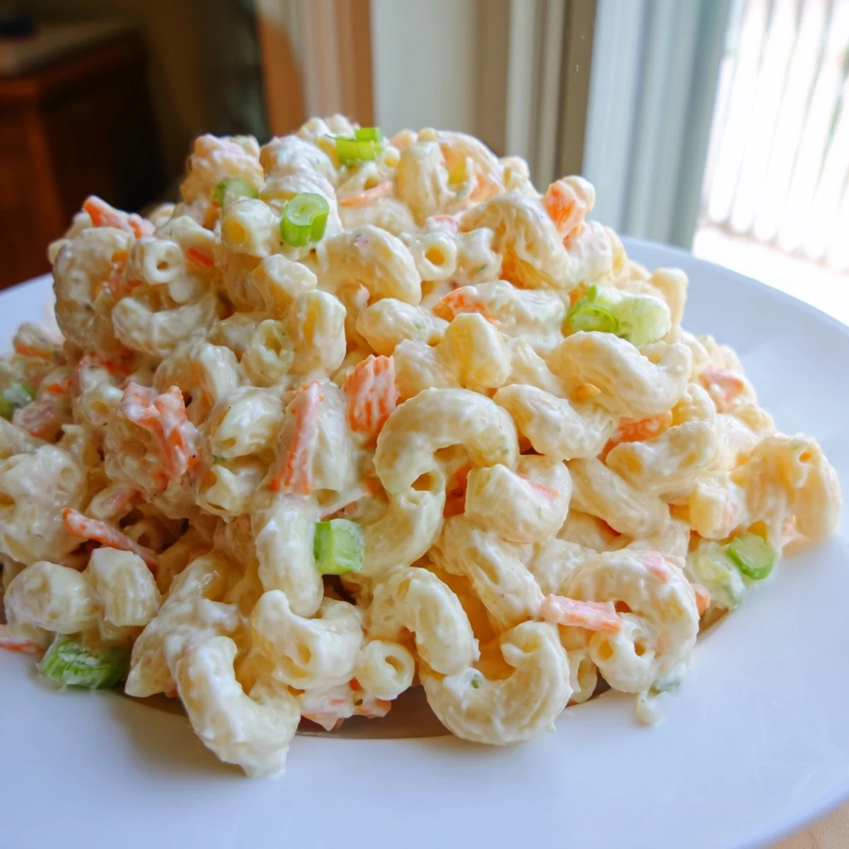 Cold Hawaiian style mac salad served in a white bowl alongside fresh green onion garnish