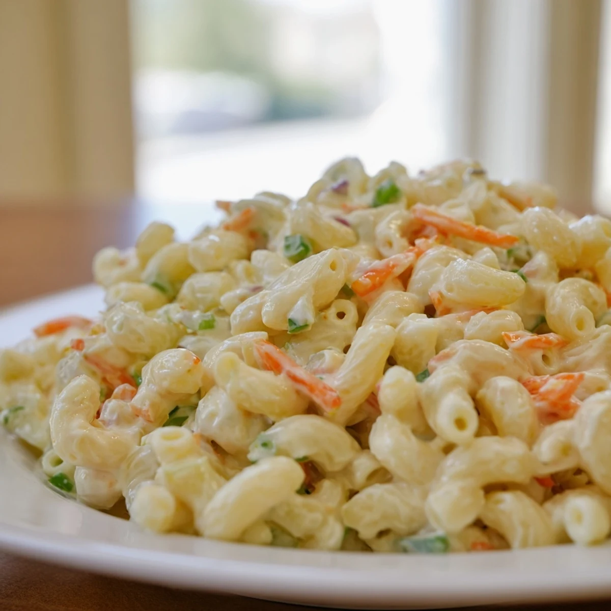 Golden macaroni noodles coated in tangy mayonnaise dressing with crisp celery and sweet carrot bits