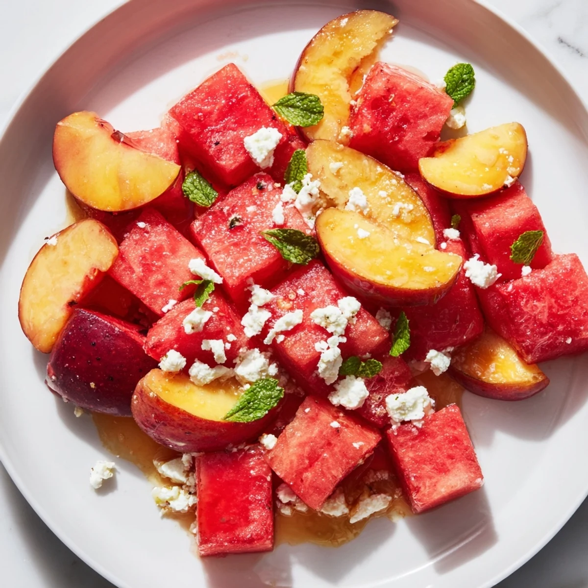 Summer Peach Watermelon Salad featuring juicy ripe fruit tossed with fresh mint and lime dressing