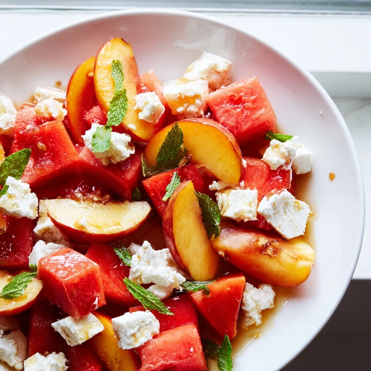 Refreshing Summer Peach Watermelon Salad served on white platter with zesty lime and mint garnish