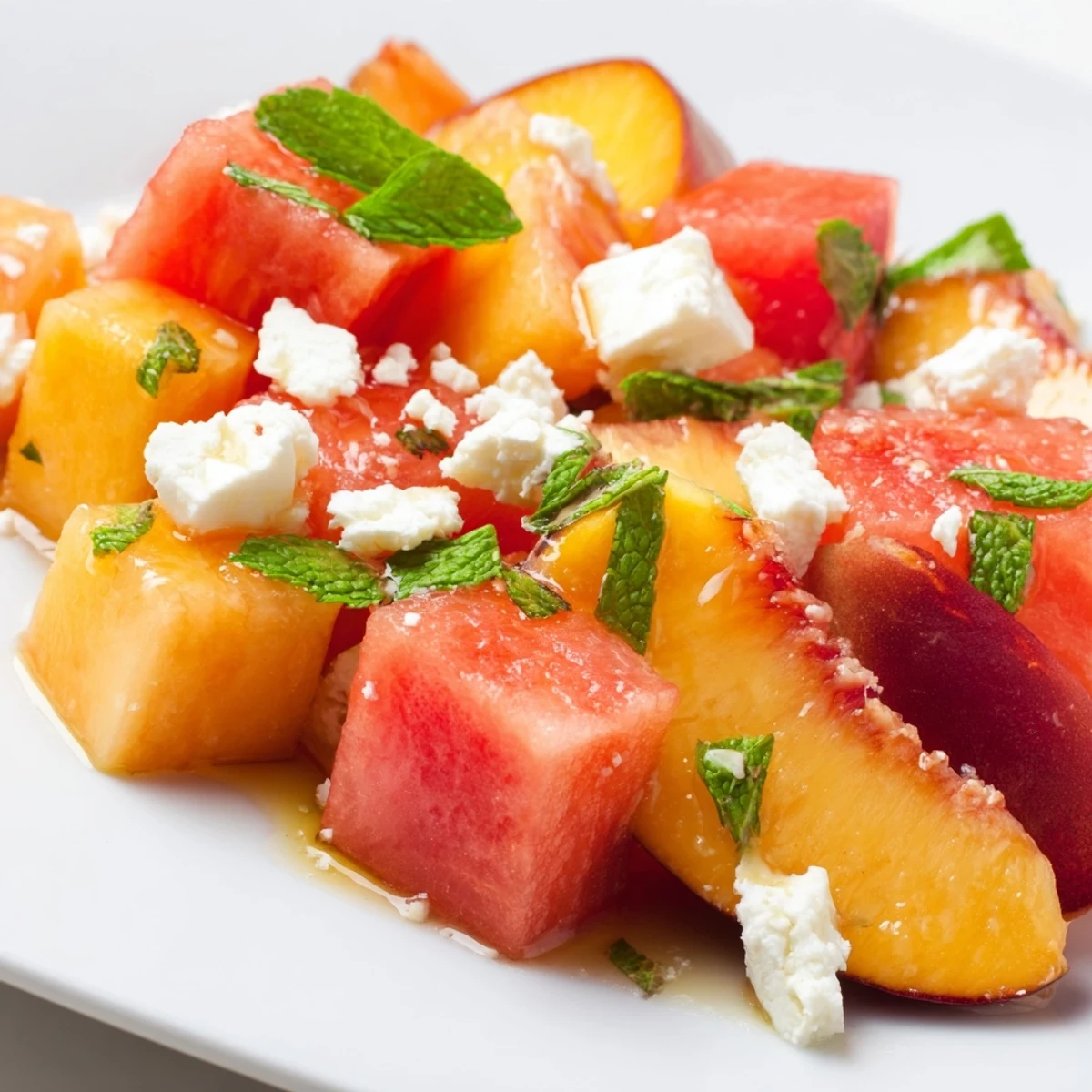 Vibrant Summer Peach Watermelon Salad bowl topped with crumbled feta cheese and herbs