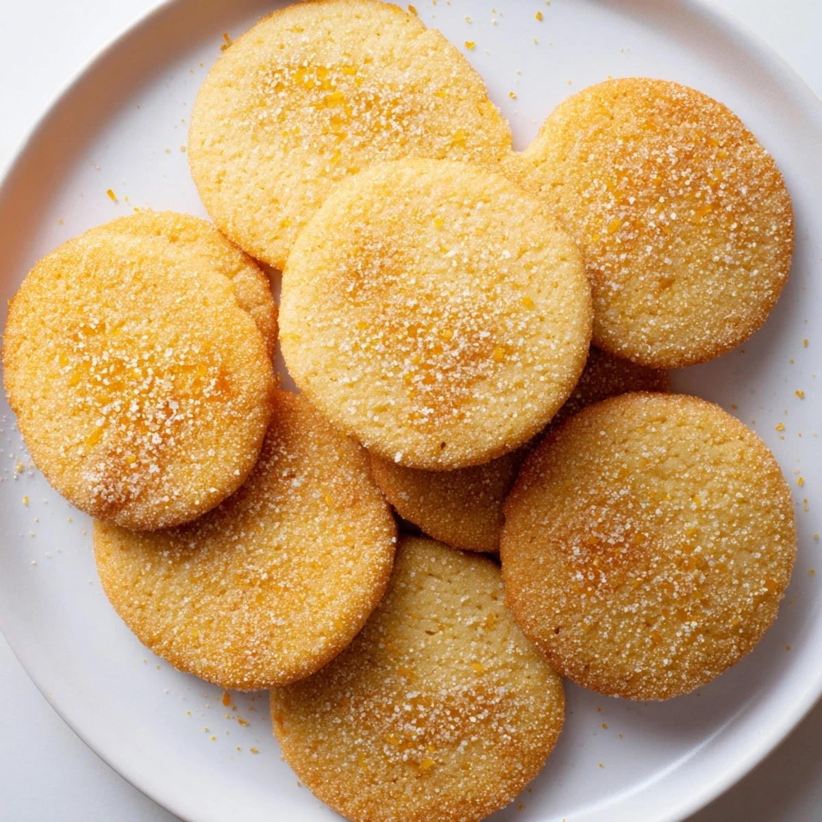 Golden Orange Sugar Zest Cookies with sparkling sugar coating on white cooling rack