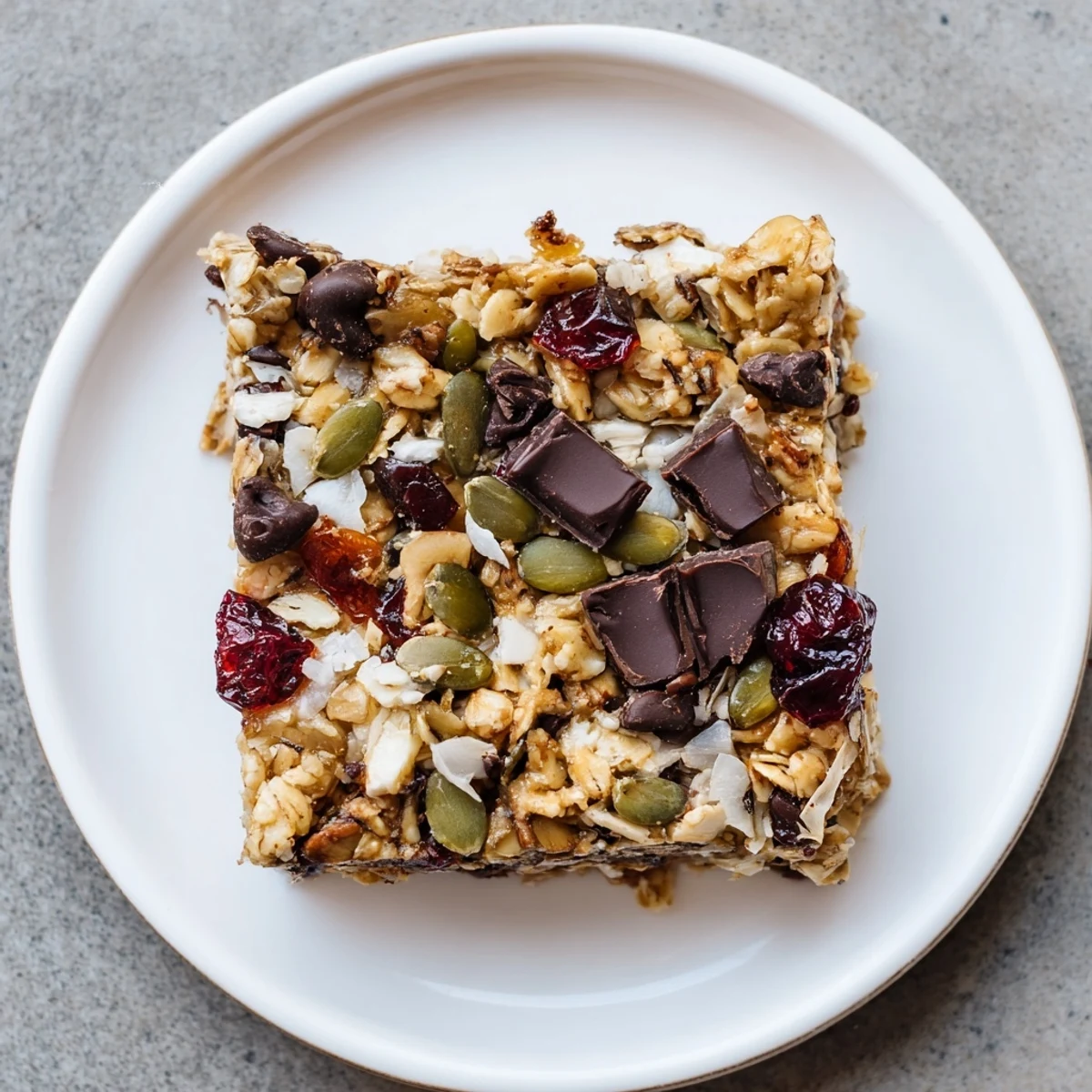 Golden homemade granola bars studded with chocolate chips and oats on a wooden cutting board