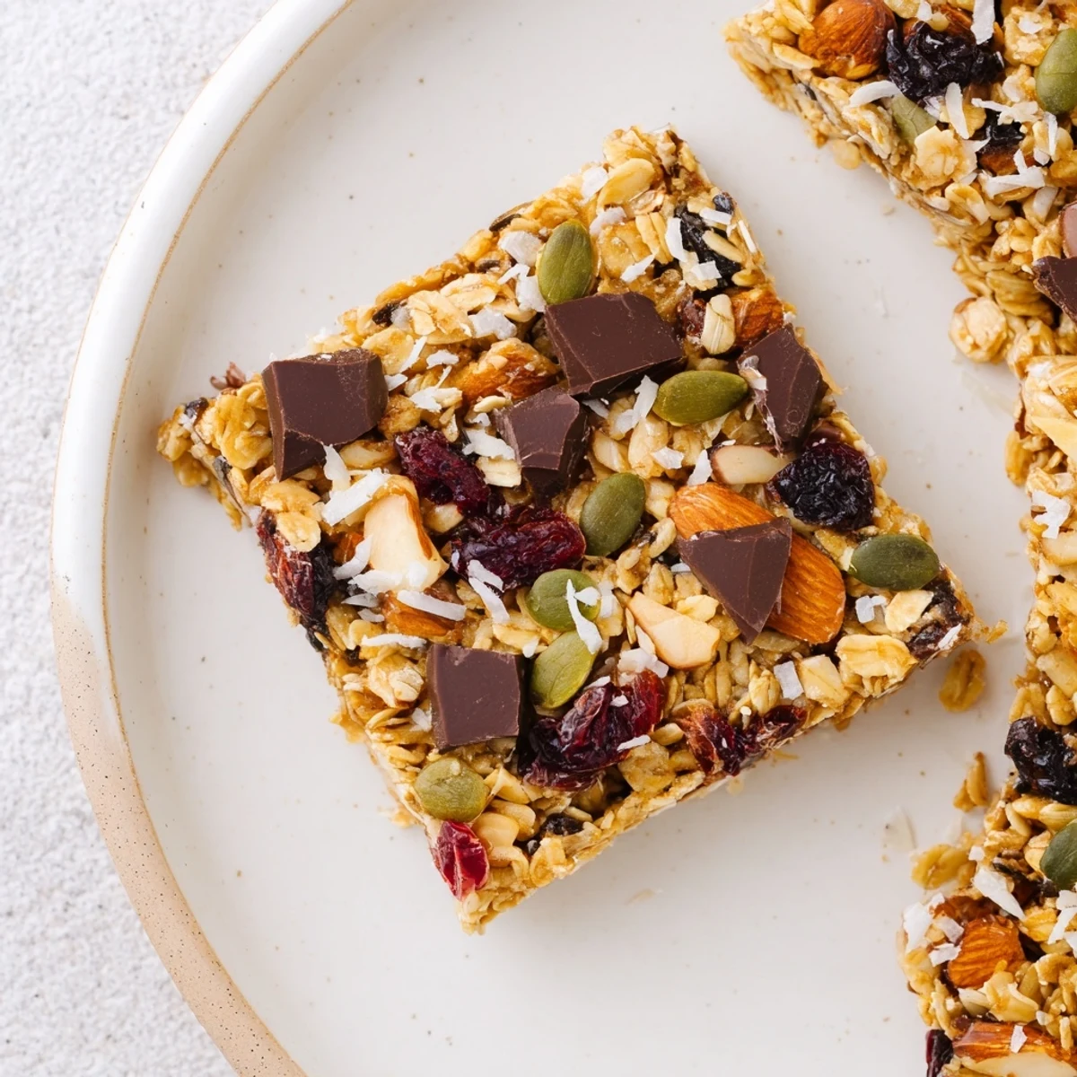 Freshly cut homemade granola bars showing layers of seeds, nuts, and honey-drizzled oats