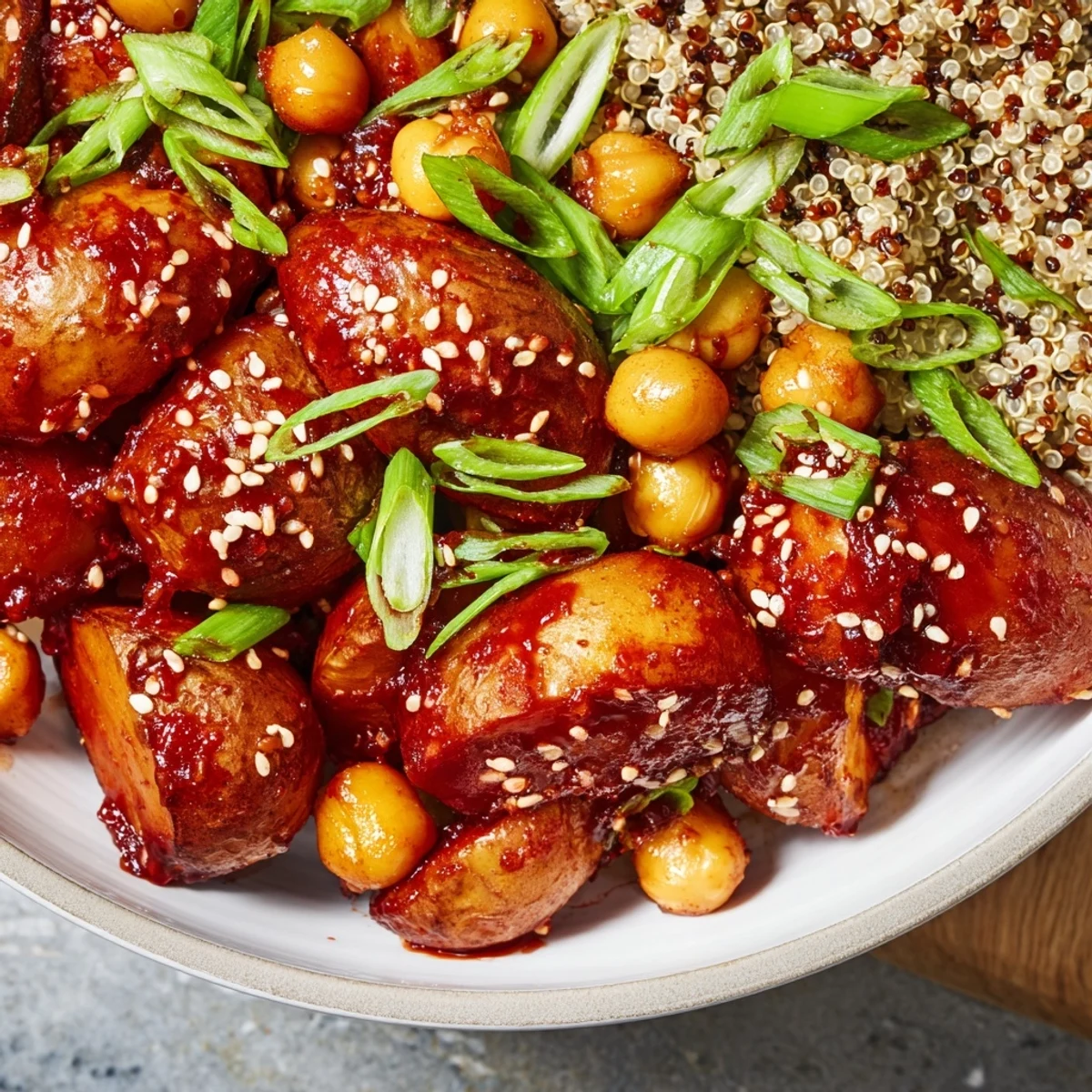 Spicy Korean gochujang glazed potatoes and chickpeas arranged on a bed of cooked quinoa with sesame topping