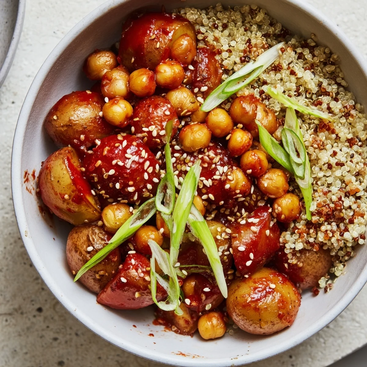 Golden roasted gochujang potatoes and crispy chickpeas served over fluffy white quinoa in a bowl