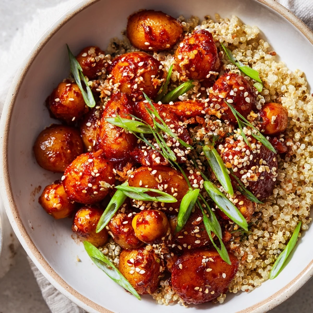 Hearty vegan bowl featuring gochujang coated roasted potatoes chickpeas and fluffy quinoa garnished with spring onions