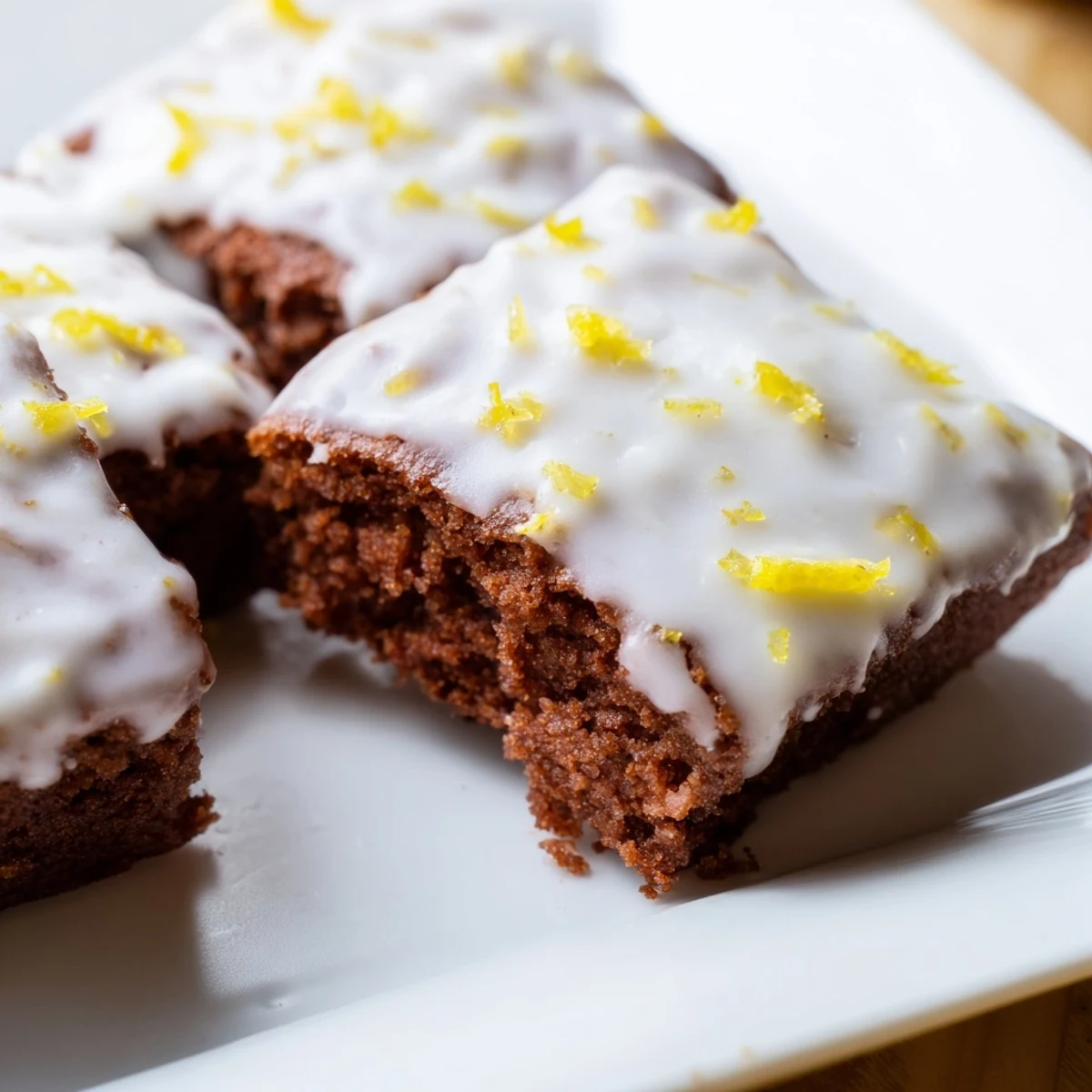 Golden lemon zest brownies drizzled with white glaze on a white plate