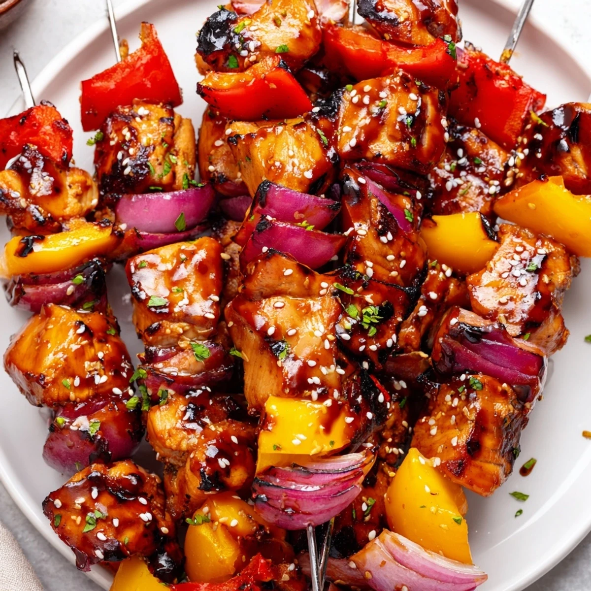 Juicy Honey Garlic BBQ Chicken Skewers glistening with charred edges and sesame seeds.