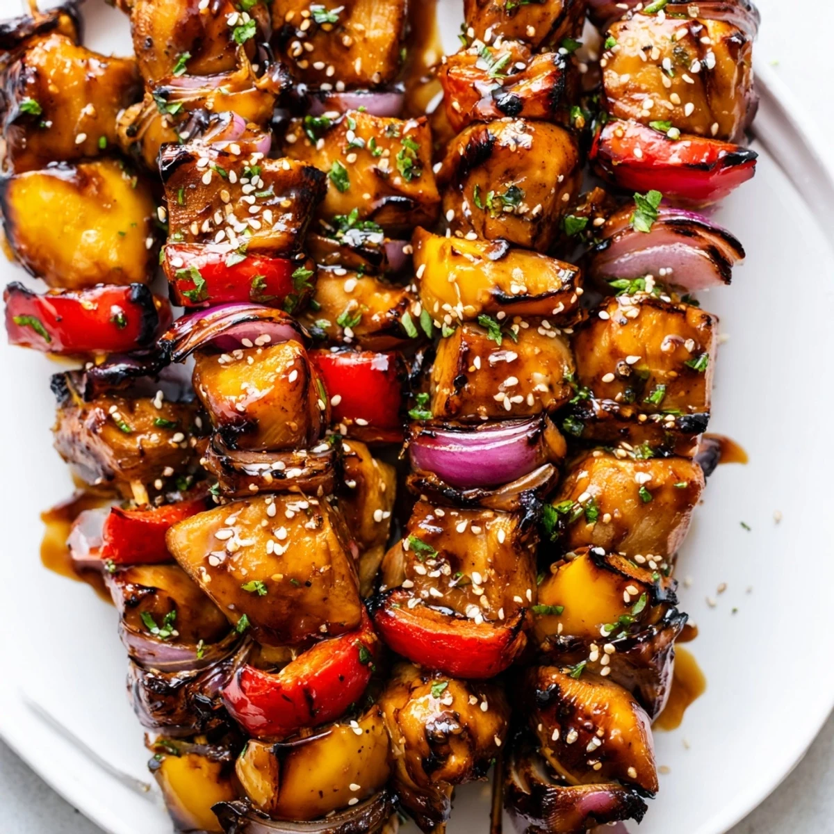 Grilled Juicy Honey Garlic BBQ Chicken Skewers steaming, basted and served with rice.